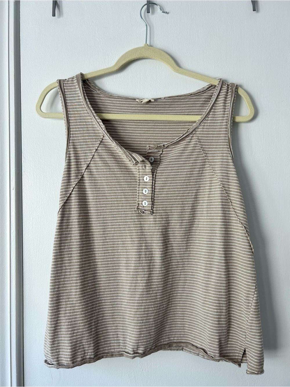 Hem & Thread Beige and White Striped Henley Tank